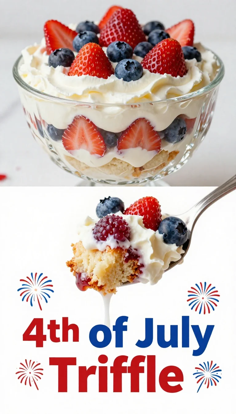 A colorful 4th of July trifle layered with strawberries, blueberries, and whipped cream in a glass bowl