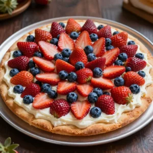A colorful fruit pizza topped with a variety of fresh fruits on a cookie crust