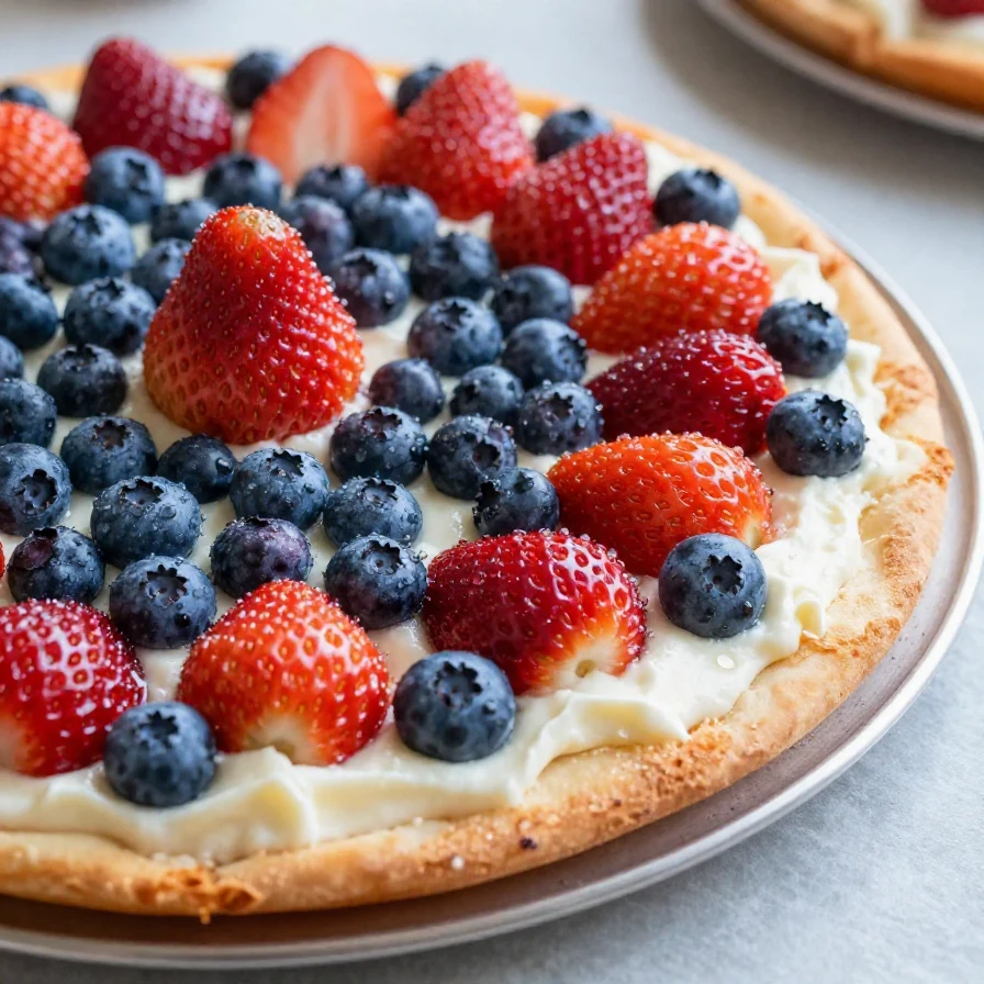A colorful fruit pizza topped with a variety of fresh fruits on a cookie crust