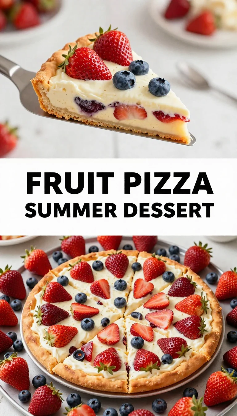 A colorful fruit pizza topped with a variety of fresh fruits on a cookie crust