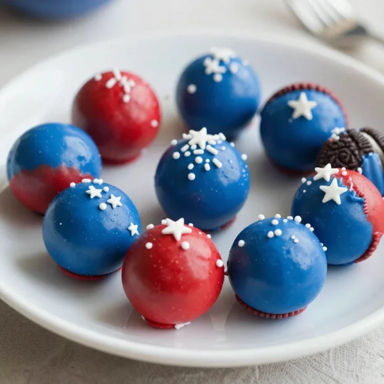 A plate of colorful 4th of July Oreo balls decorated with red, white, and blue sprinkles