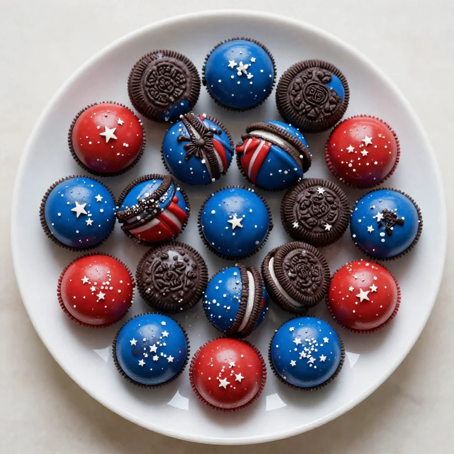 A plate of colorful 4th of July Oreo balls decorated with red, white, and blue sprinkles