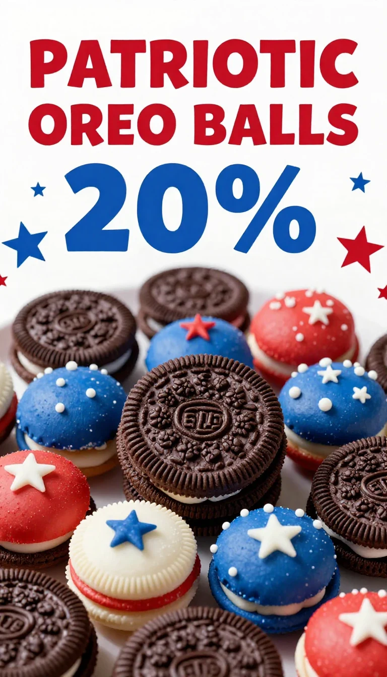 A plate of colorful 4th of July Oreo balls decorated with red, white, and blue sprinkles