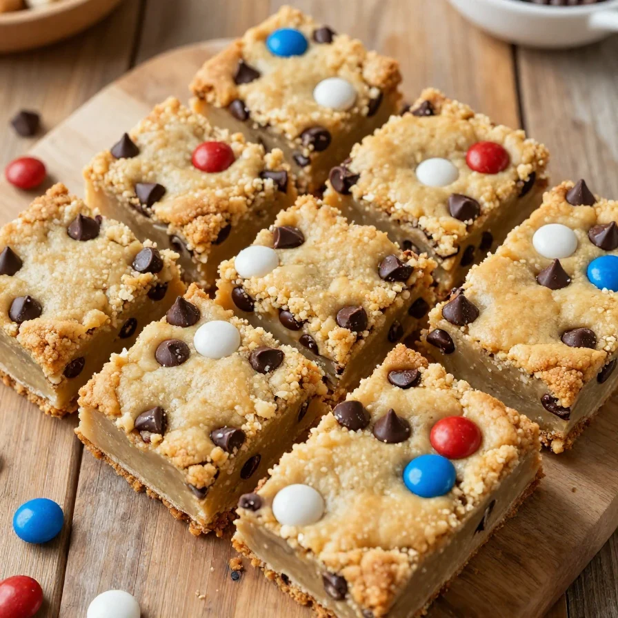 A colorful display of no flour red, white, and blue cookie bars arranged on a white plate