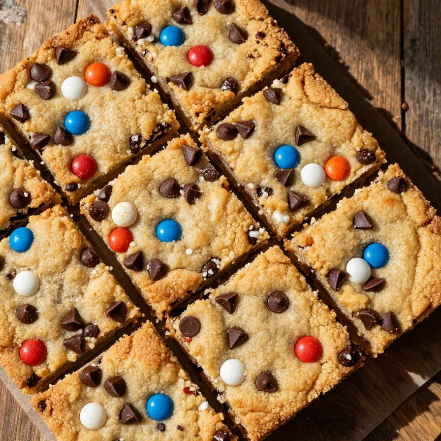 A colorful display of no flour red, white, and blue cookie bars arranged on a white plate