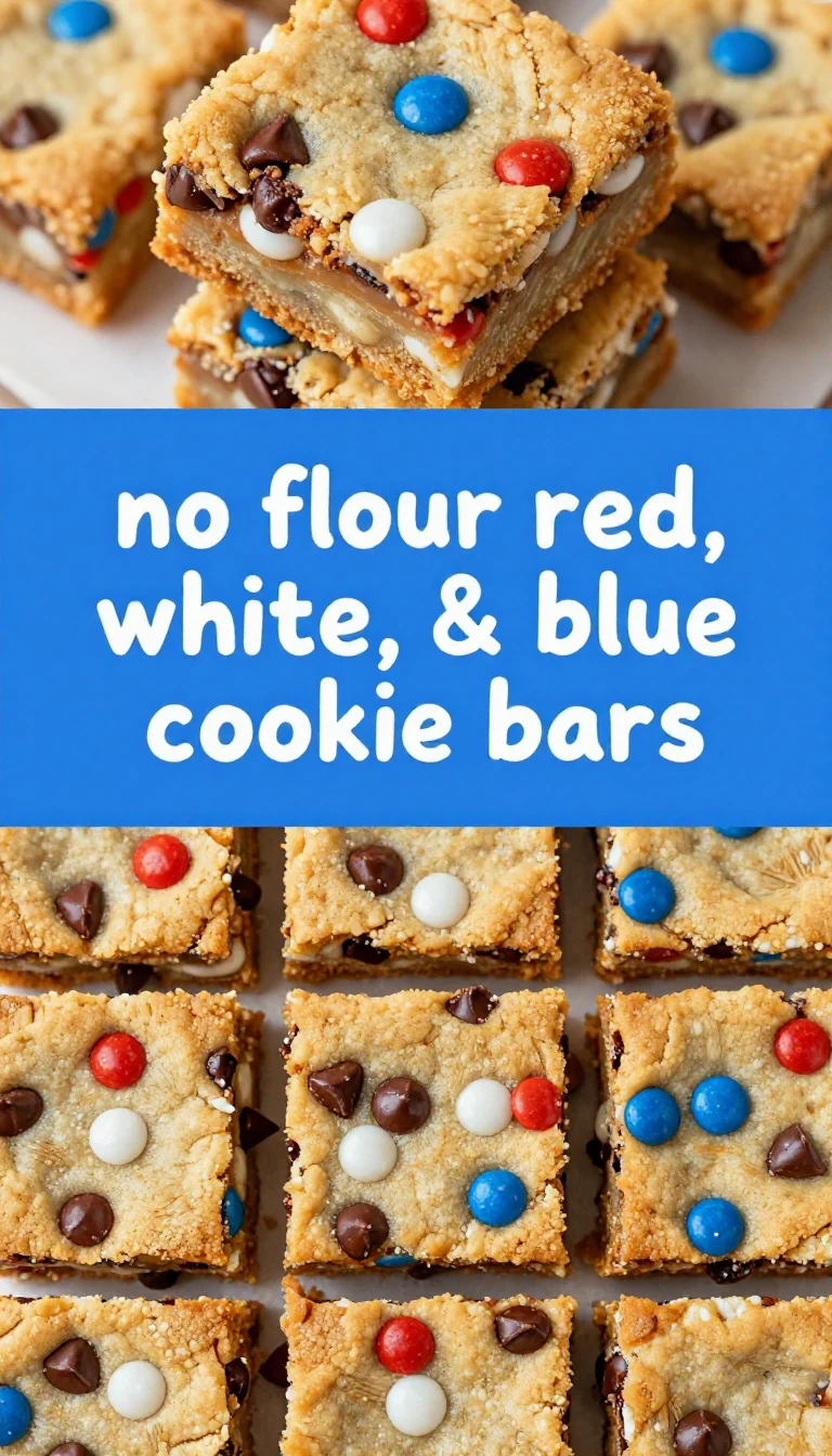A colorful display of no flour red, white, and blue cookie bars arranged on a white plate