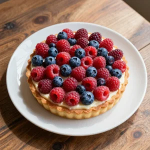 A colorful fruit pizza decorated with an American flag design made of strawberries and blueberries on a creamy base