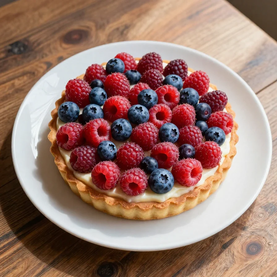 A colorful fruit pizza decorated with an American flag design made of strawberries and blueberries on a creamy base