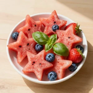 A colorful patriotic chopped fruit salad featuring red strawberries, white bananas, and blue blueberries arranged in a festive bowl.