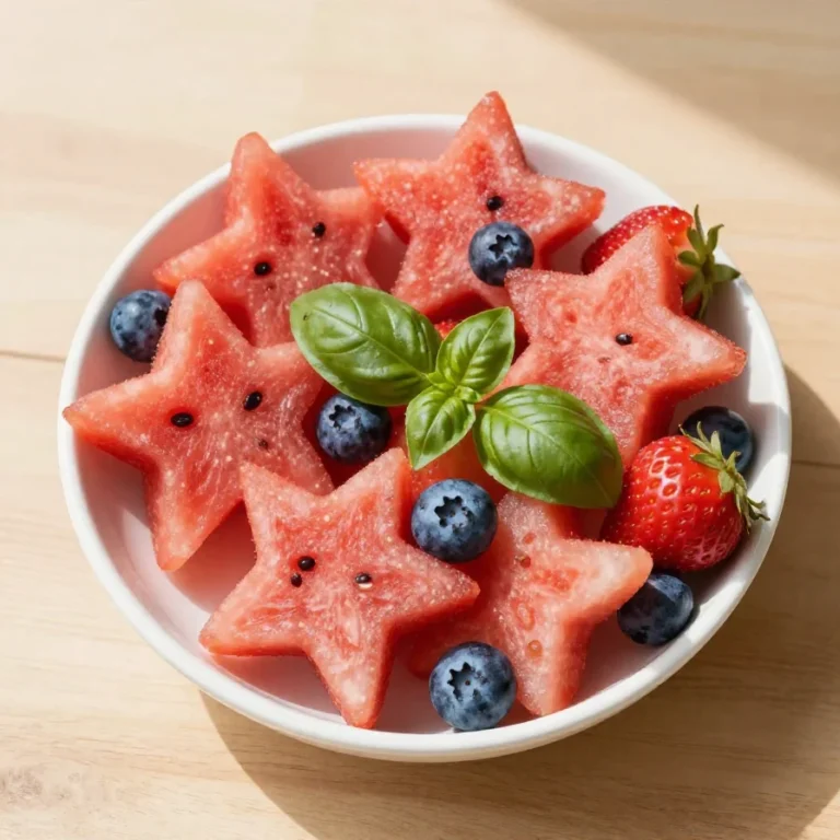 A colorful patriotic chopped fruit salad featuring red strawberries, white bananas, and blue blueberries arranged in a festive bowl.