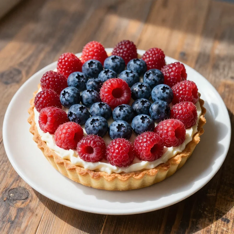 A colorful fruit pizza decorated with an American flag design made of strawberries and blueberries on a creamy base