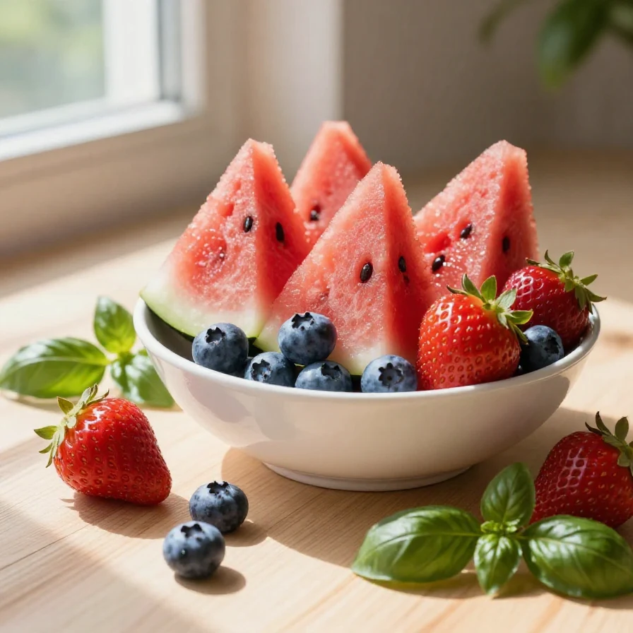 A colorful patriotic chopped fruit salad featuring red strawberries, white bananas, and blue blueberries arranged in a festive bowl.