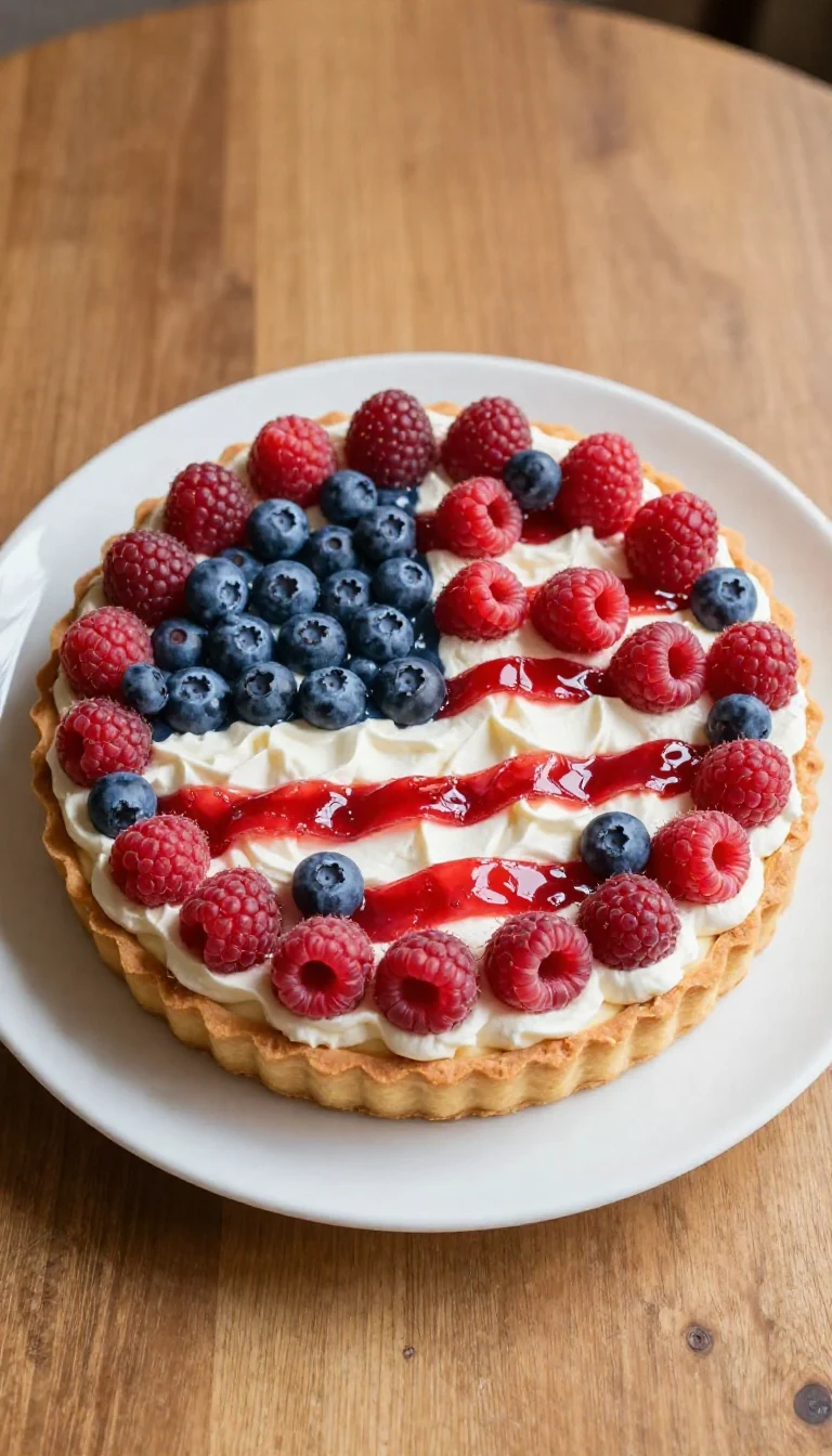 A colorful fruit pizza decorated with an American flag design made of strawberries and blueberries on a creamy base