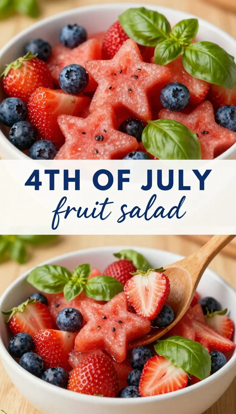A colorful patriotic chopped fruit salad featuring red strawberries, white bananas, and blue blueberries arranged in a festive bowl.