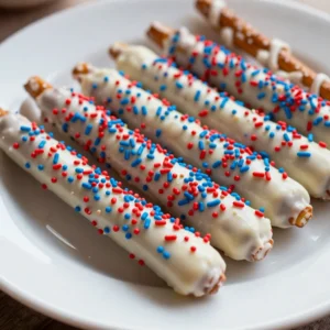 A plate of festive 4th of July pretzels decorated with red, white, and blue icing.