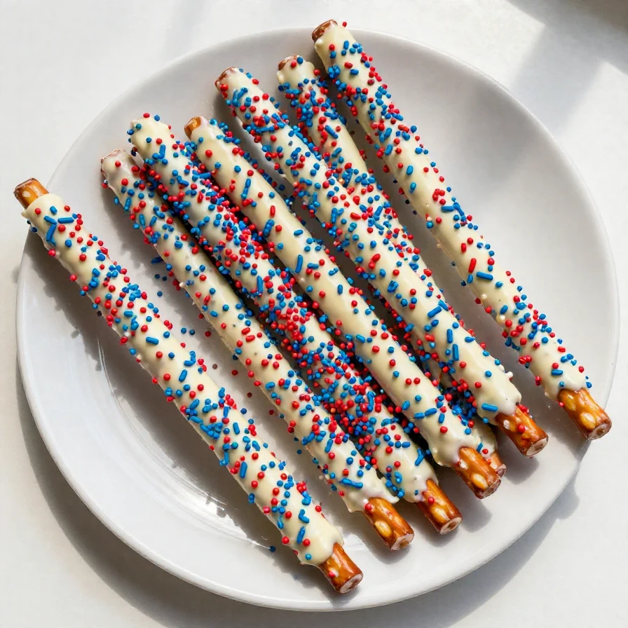 A plate of festive 4th of July pretzels decorated with red, white, and blue icing.