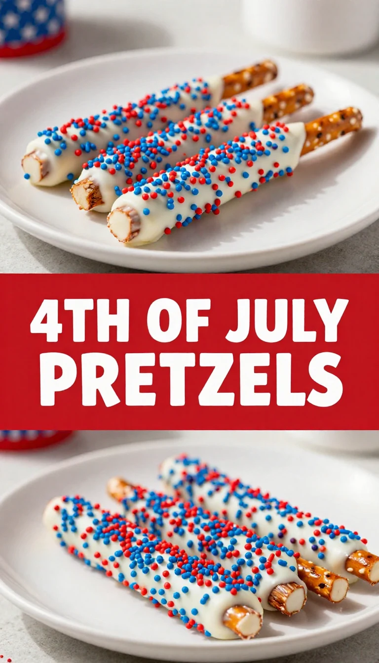 A plate of festive 4th of July pretzels decorated with red, white, and blue icing.