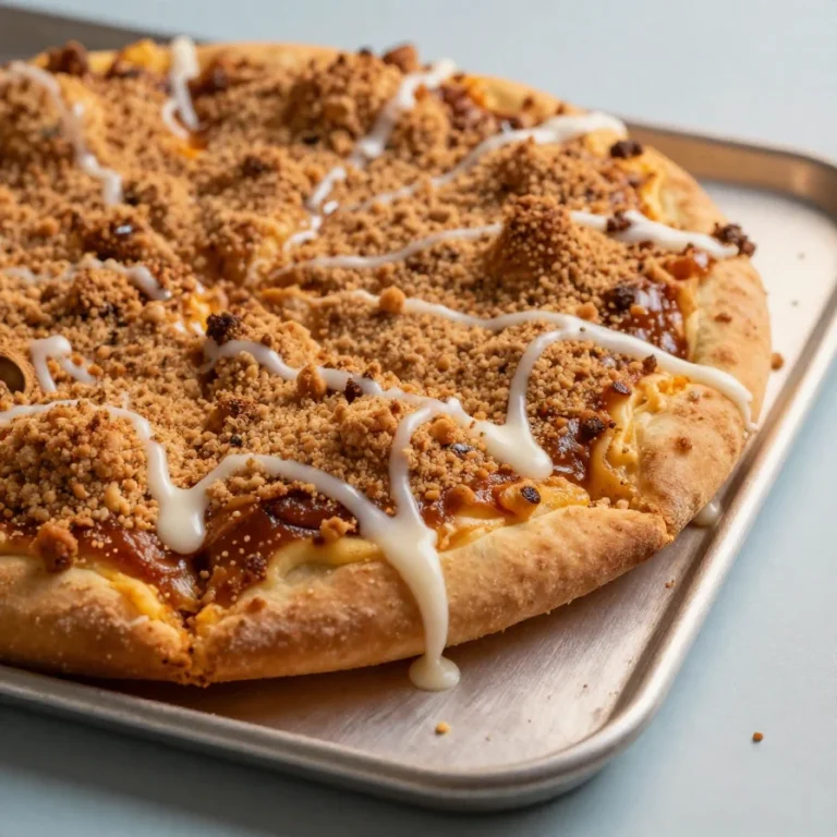 Delicious cinnamon crumb dessert pizza topped with a sprinkle of powdered sugar