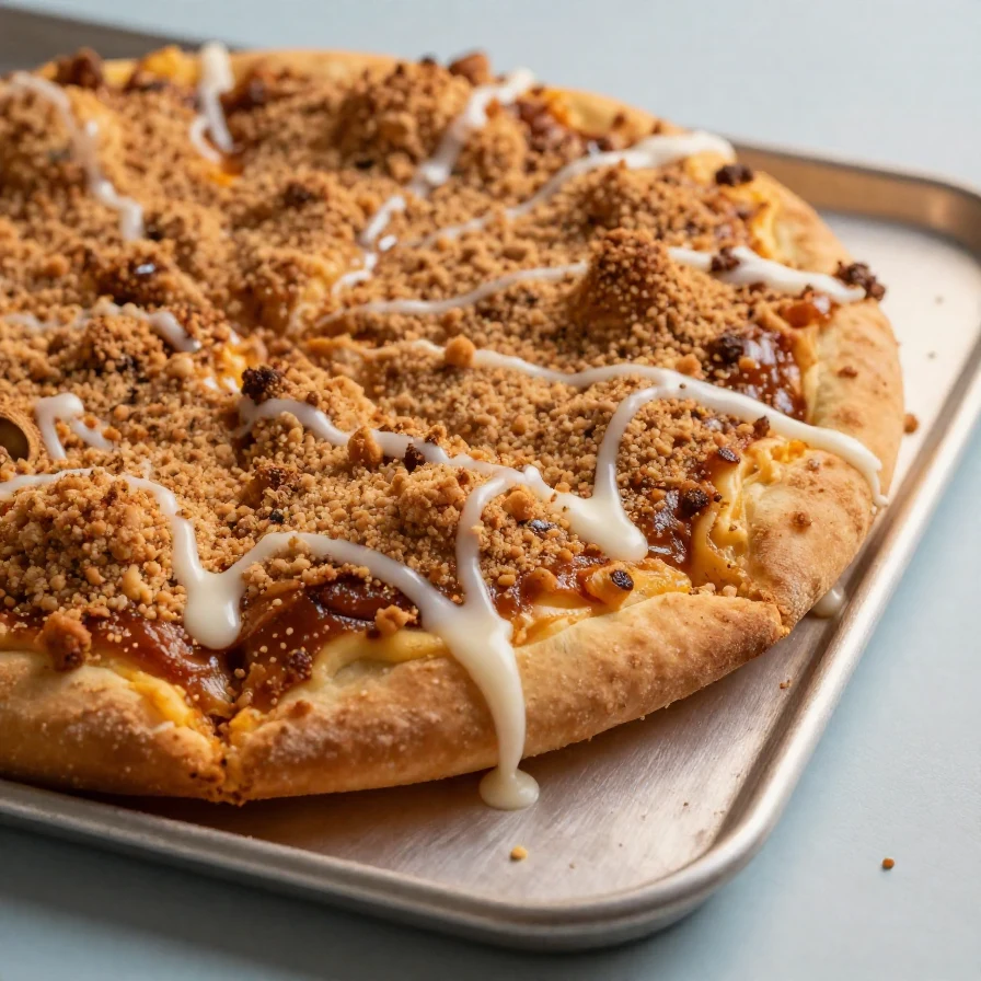 Delicious cinnamon crumb dessert pizza topped with a sprinkle of powdered sugar