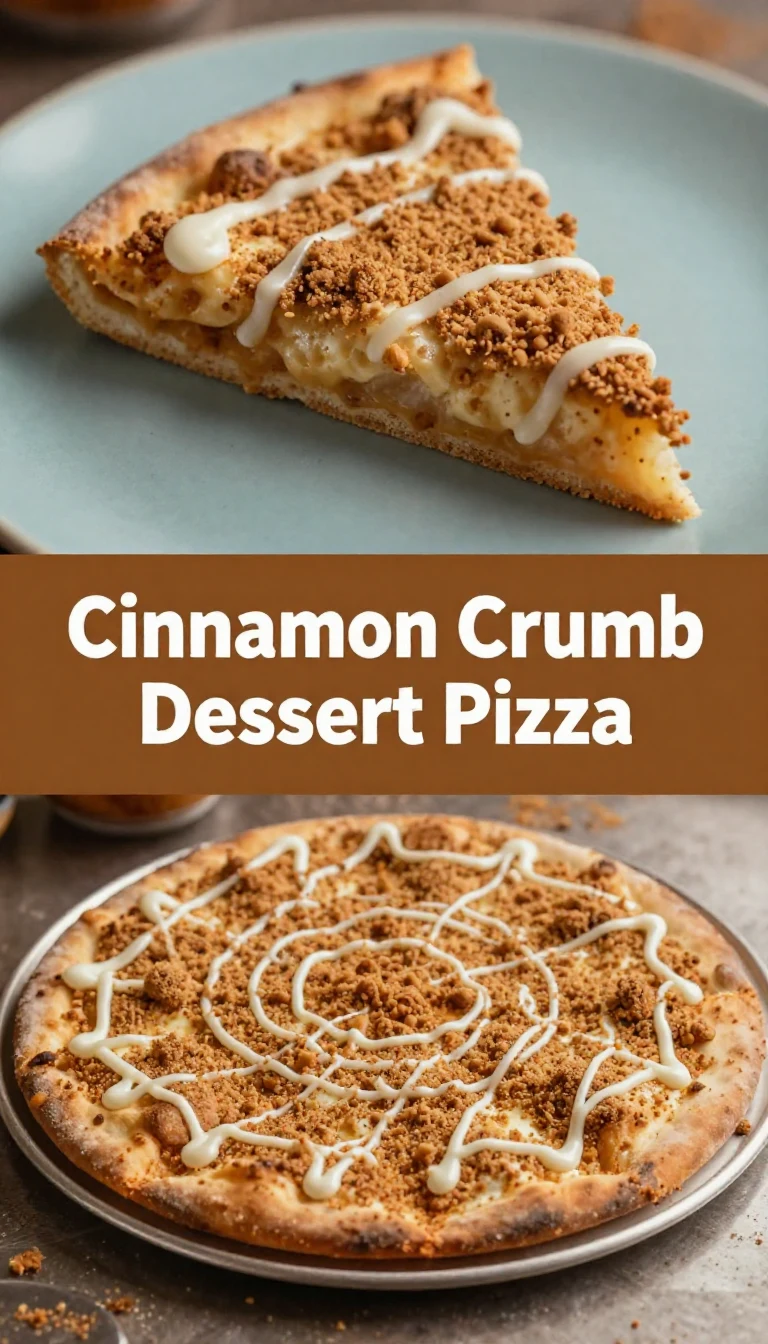 Delicious cinnamon crumb dessert pizza topped with a sprinkle of powdered sugar