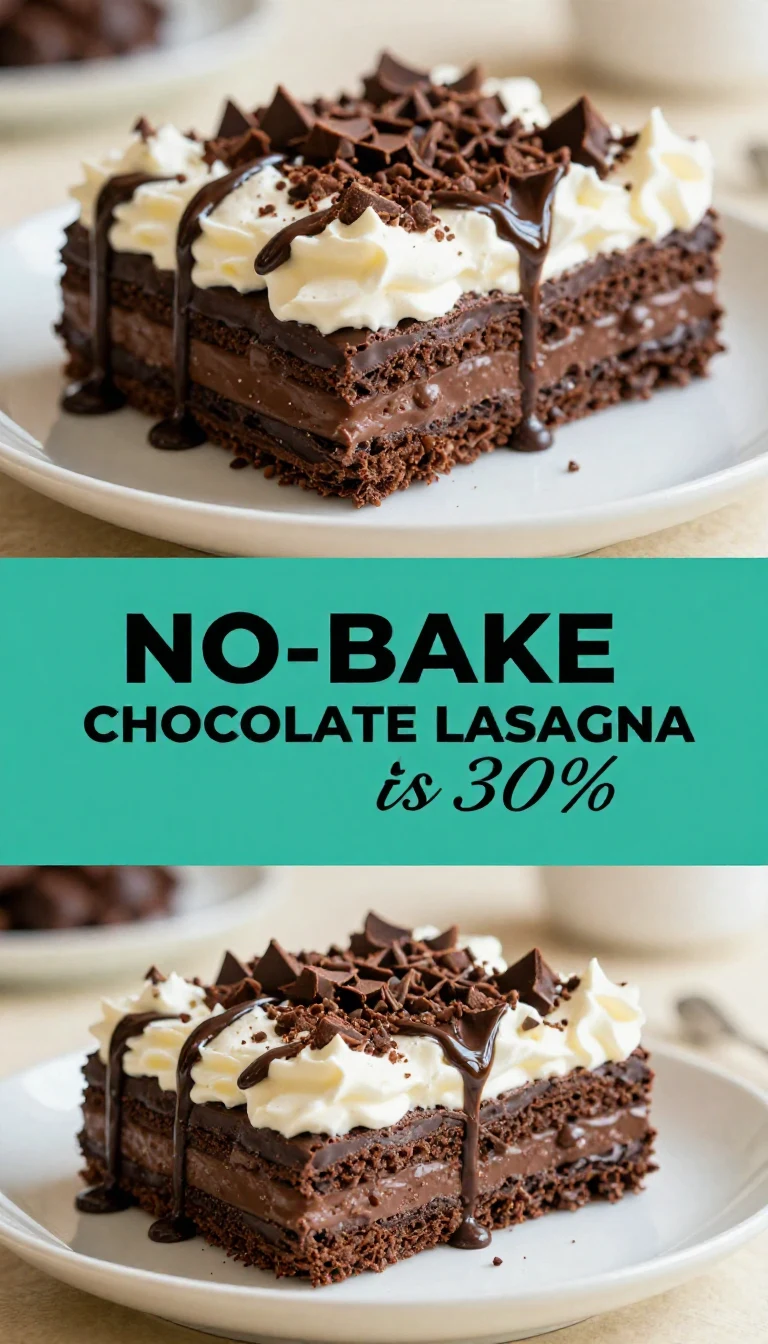 A delicious chocolate lasagna layered with creamy filling and chocolate shavings on top