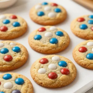 A plate of colorful 4th of July Monster Cookies made with browned butter blondie base