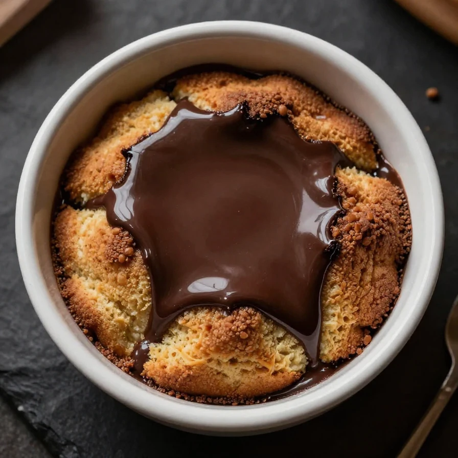 A delicious Southern chocolate cobbler served in a rustic dish with a scoop of vanilla ice cream on top