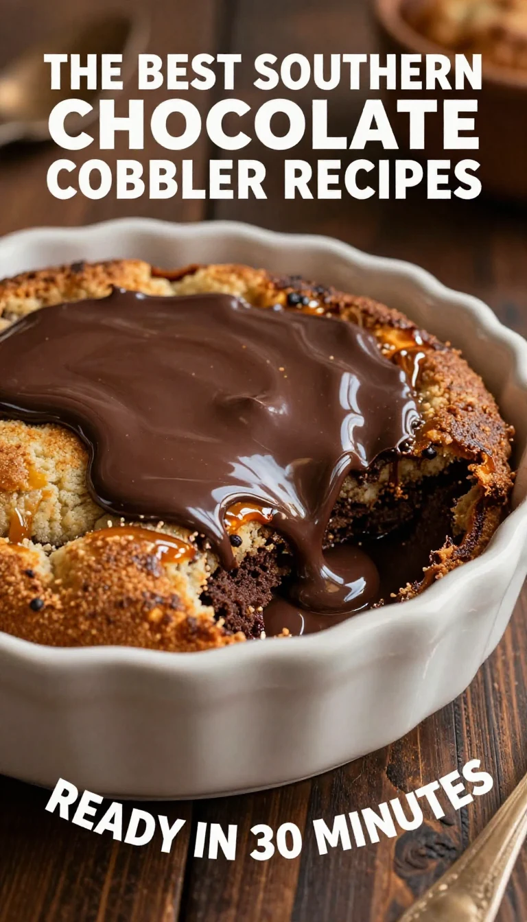 A delicious Southern chocolate cobbler served in a rustic dish with a scoop of vanilla ice cream on top