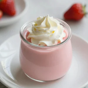 A delicious strawberry mousse topped with fresh strawberries and mint leaves in a glass dessert bowl