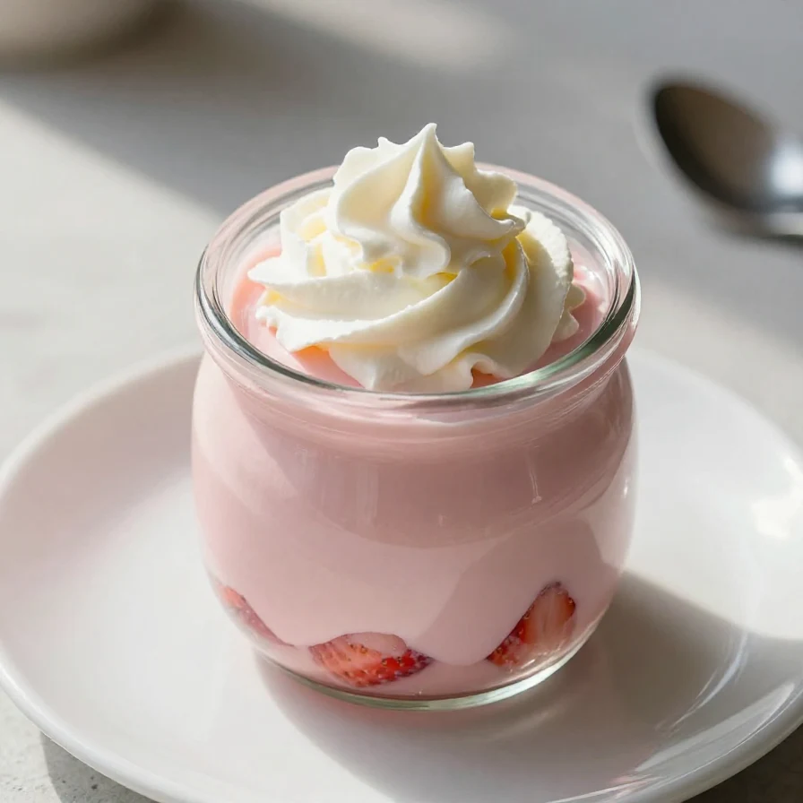 A delicious strawberry mousse topped with fresh strawberries and mint leaves in a glass dessert bowl