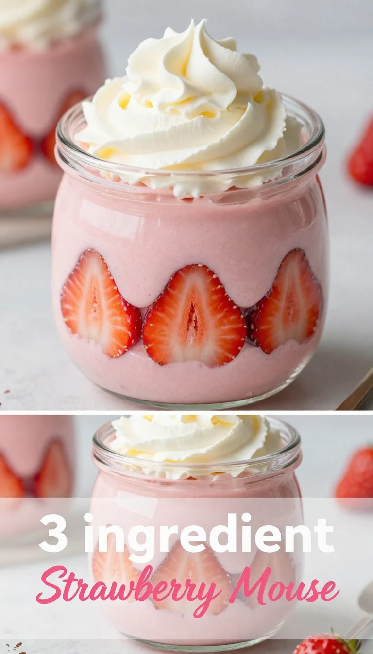 A delicious strawberry mousse topped with fresh strawberries and mint leaves in a glass dessert bowl