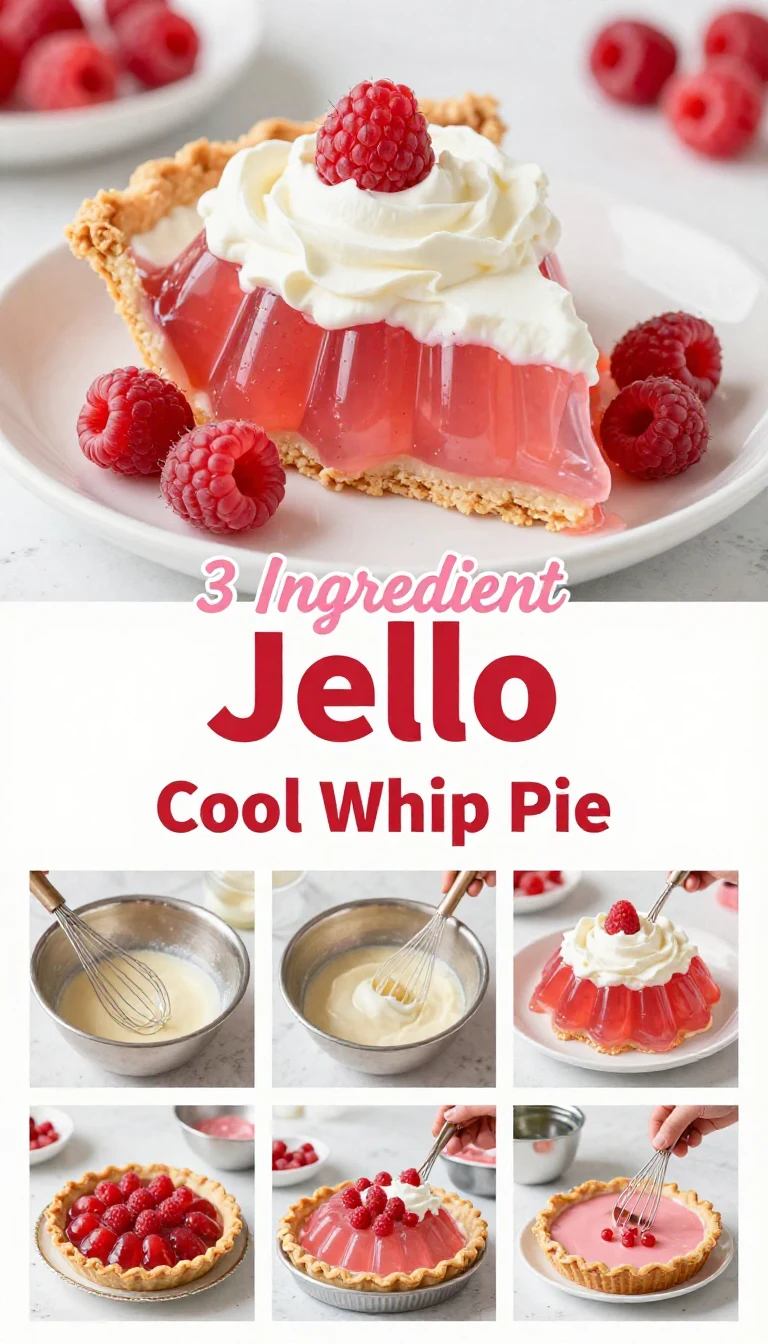 A delicious 3 ingredient Jello Cool Whip Pie with a vibrant colored filling and a graham cracker crust.