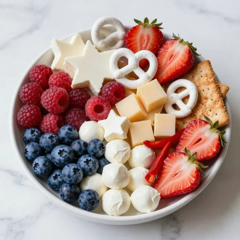 A beautifully arranged American flag charcuterie board featuring cheese, fruits, and meats for a 4th of July celebration.
