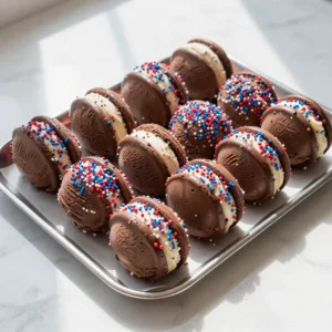 A platter of colorful patriotic mini ice cream sandwiches decorated with red, white, and blue sprinkles.