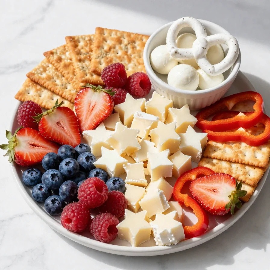 A beautifully arranged American flag charcuterie board featuring cheese, fruits, and meats for a 4th of July celebration.