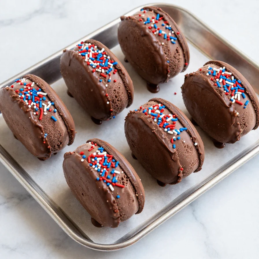 A platter of colorful patriotic mini ice cream sandwiches decorated with red, white, and blue sprinkles.
