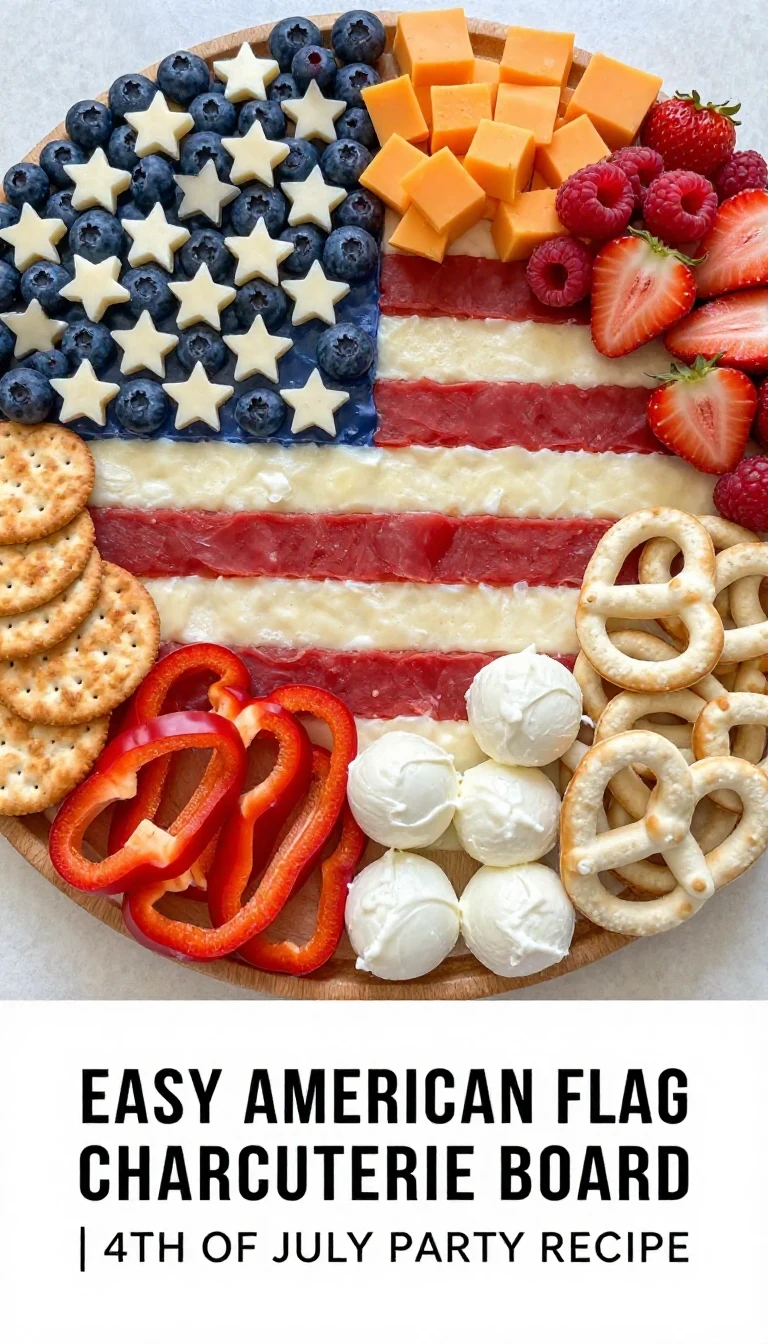 A beautifully arranged American flag charcuterie board featuring cheese, fruits, and meats for a 4th of July celebration.