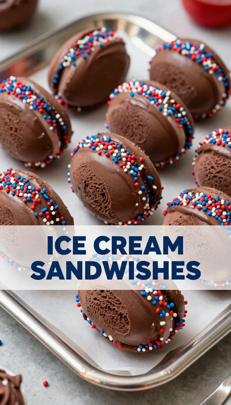A platter of colorful patriotic mini ice cream sandwiches decorated with red, white, and blue sprinkles.