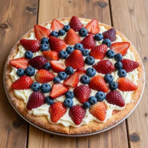 A colorful sugar cookie flag fruit pizza topped with fresh strawberries, blueberries, and whipped cream arranged to resemble the American flag