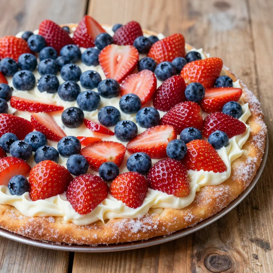 A colorful sugar cookie flag fruit pizza topped with fresh strawberries, blueberries, and whipped cream arranged to resemble the American flag