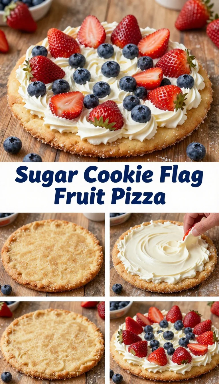 A colorful sugar cookie flag fruit pizza topped with fresh strawberries, blueberries, and whipped cream arranged to resemble the American flag