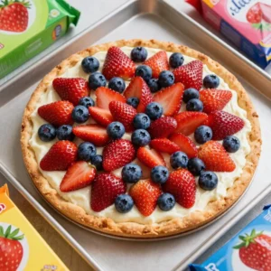 A colorful fruit pizza topped with red strawberries, white cream cheese, and blue blueberries arranged in a star pattern.