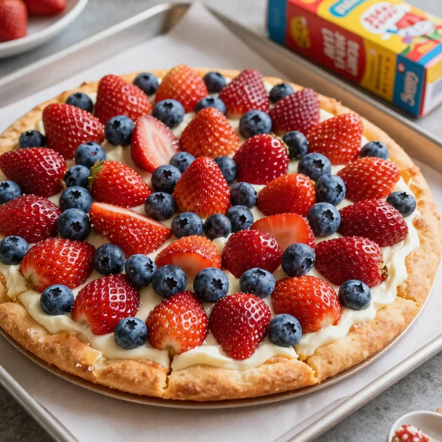 A colorful fruit pizza topped with red strawberries, white cream cheese, and blue blueberries arranged in a star pattern.