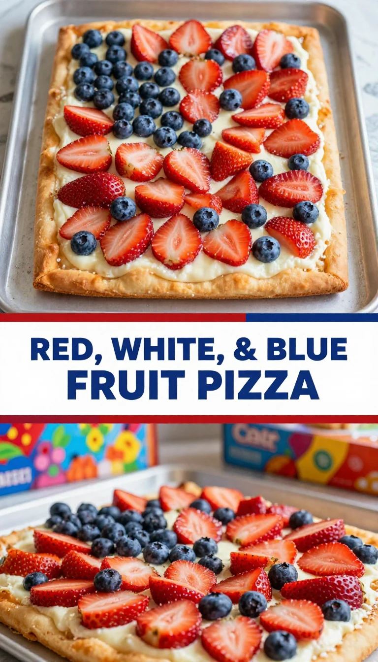 A colorful fruit pizza topped with red strawberries, white cream cheese, and blue blueberries arranged in a star pattern.