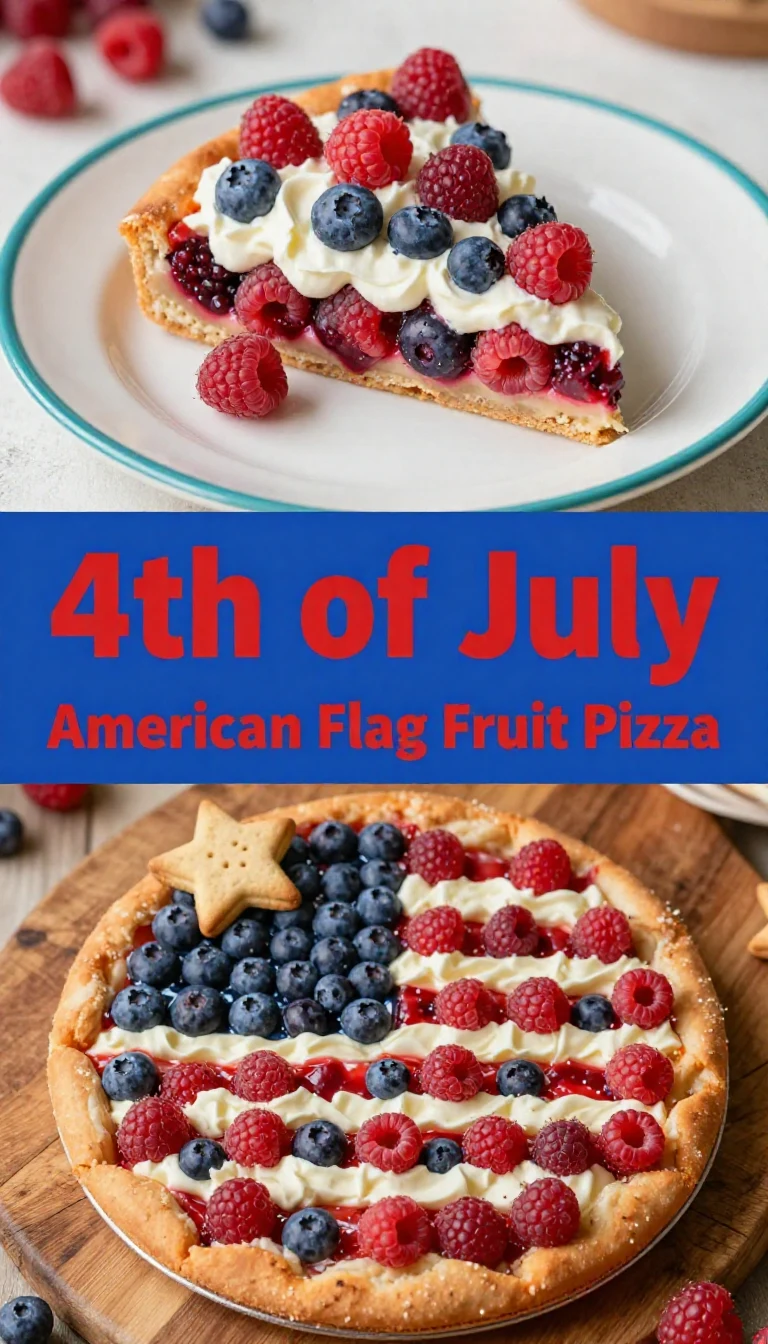 A colorful fruit pizza decorated with the American flag for 4th of July celebrations