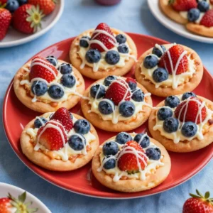 Colorful mini fruit pizzas decorated with strawberries, blueberries, and kiwi on a festive plate