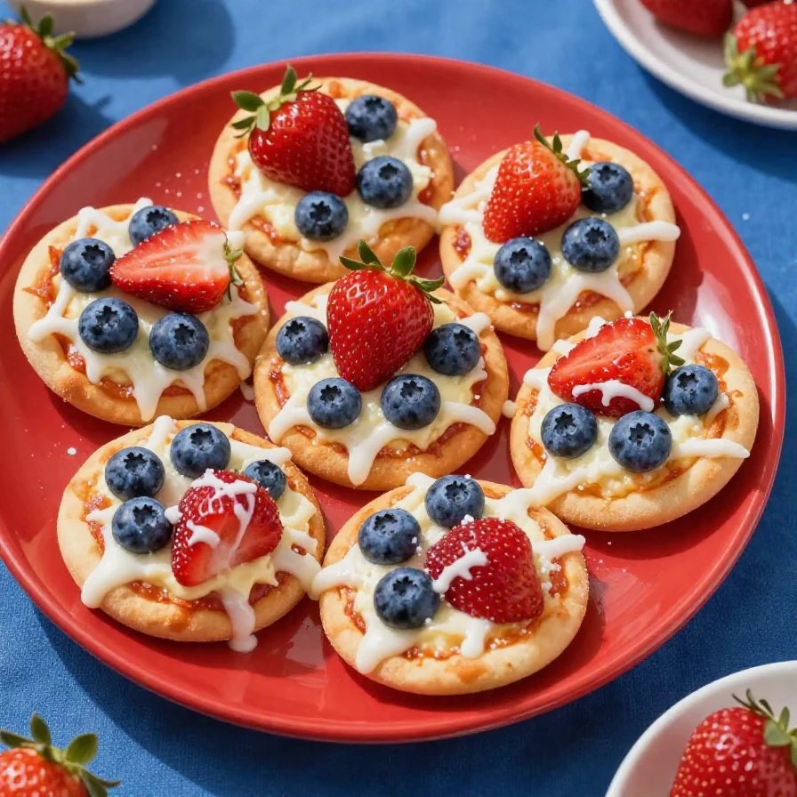 Colorful mini fruit pizzas decorated with strawberries, blueberries, and kiwi on a festive plate