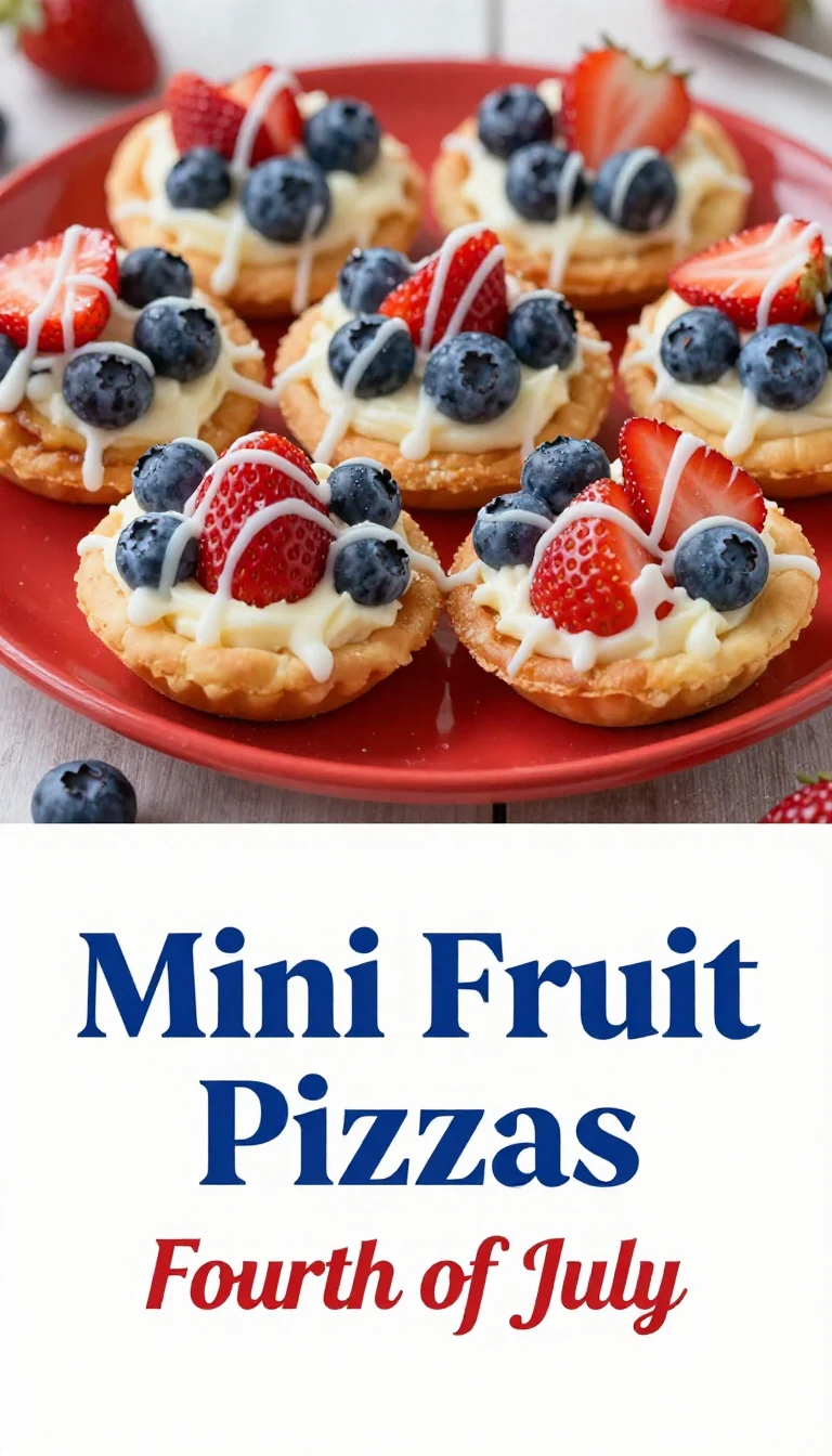 Colorful mini fruit pizzas decorated with strawberries, blueberries, and kiwi on a festive plate