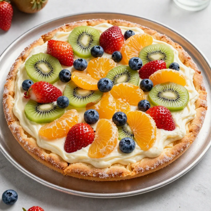 A colorful fruit pizza topped with fresh strawberries, kiwi, and blueberries on a sugar cookie crust.