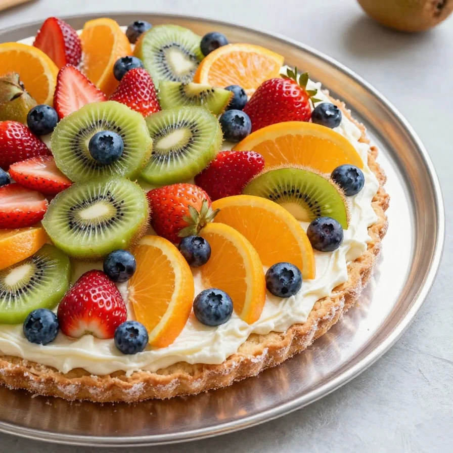 A colorful fruit pizza topped with fresh strawberries, kiwi, and blueberries on a sugar cookie crust.